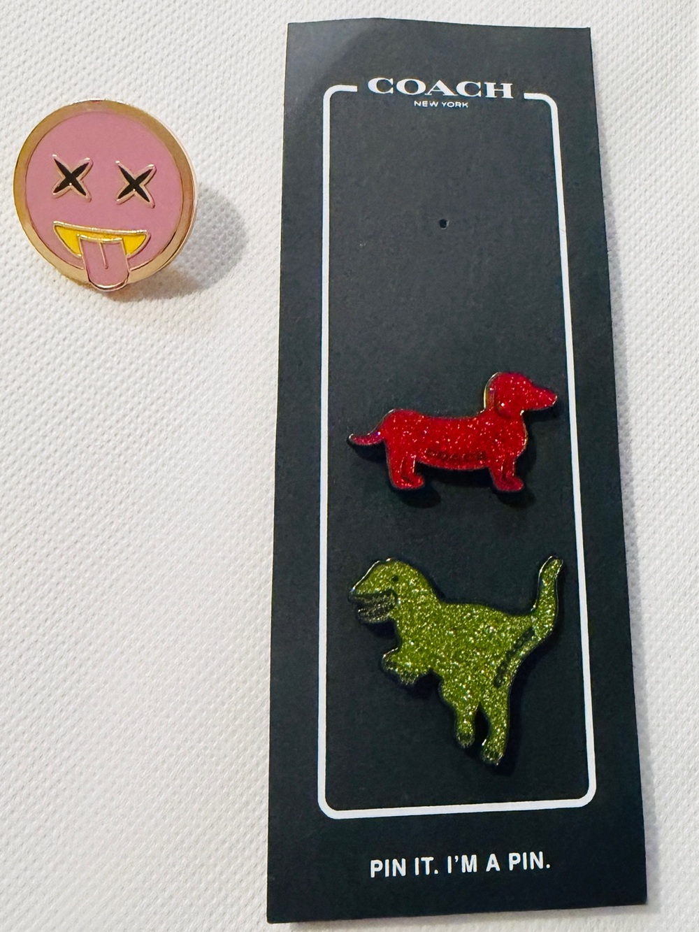 Coach Glitter Dog Pin Set with Pink Smiley Face